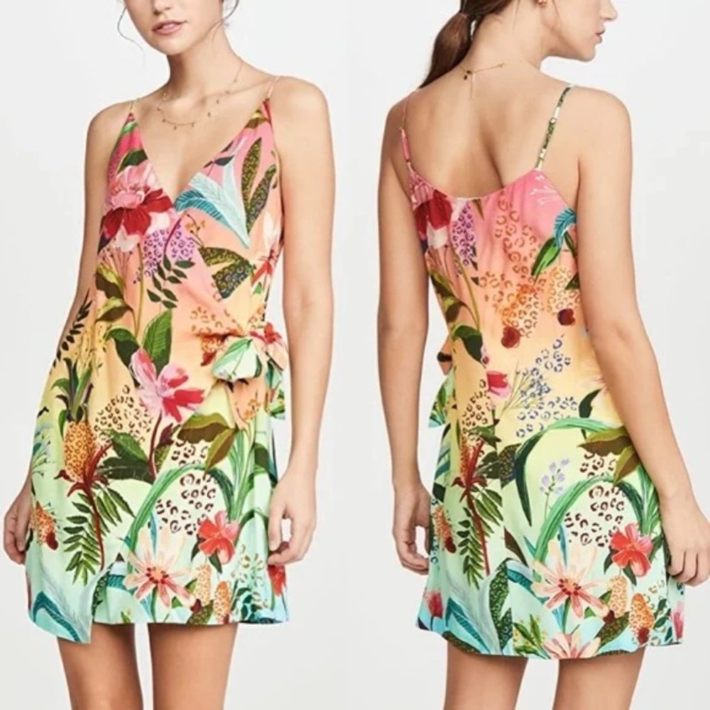 Farm Rio Amazonian Ombre Mini Wrap Dress Size M Rainbow Tropical Spaghetti Strap